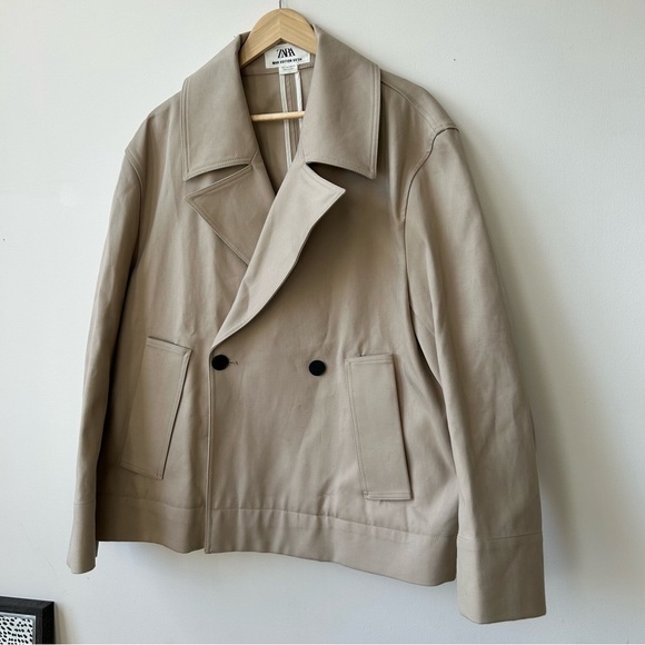 ZARA MAN EDITION SS'24 SHORT BEIGE COTTON TRENCH COAT SIZE L - Picture 6 of 9